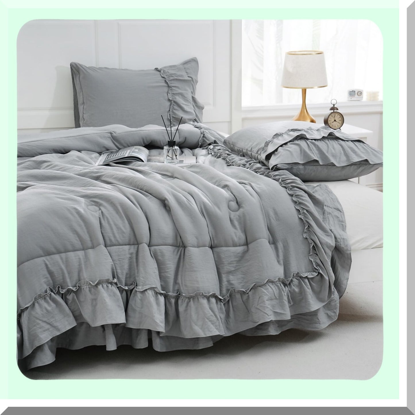 Ruffle Chic Boho Comforter Set - Farmhouse Bedding with 2 Layers of Ruffles, Bohemian Style, Shabby Chic Design, Includes 1 Comforter and 2 Pillowcases in Grey Color