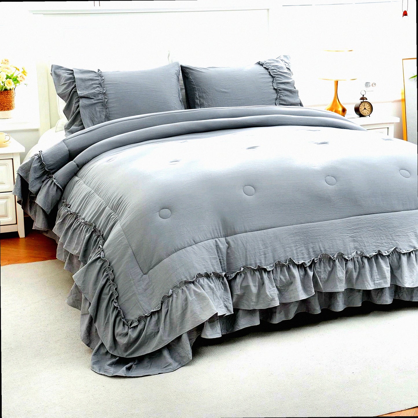 Ruffle Chic Boho Comforter Set - Farmhouse Bedding with 2 Layers of Ruffles, Bohemian Style, Shabby Chic Design, Includes 1 Comforter and 2 Pillowcases in Grey Color
