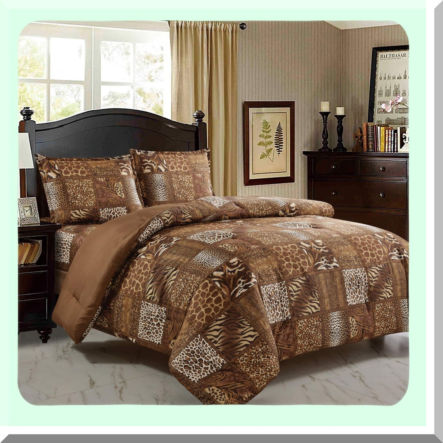 Wild Safari Jungle Queen Comforter Set - 3 Piece Animal Print Bedding with Pillow Sham - Chocolate Brown Leopard Zebra Giraffe Forest Theme