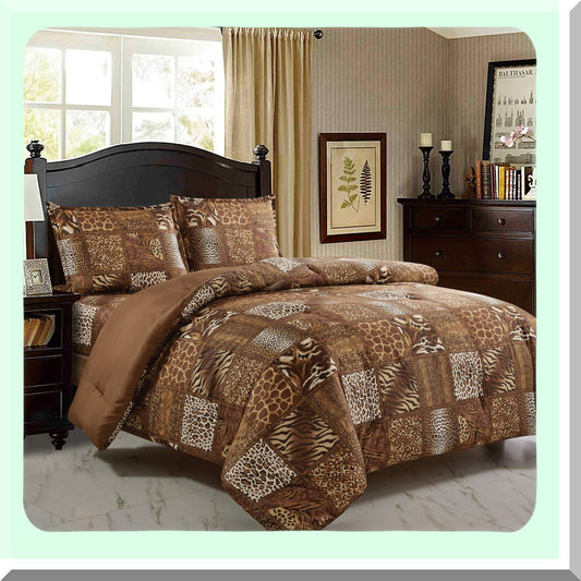 Wild Safari Jungle Queen Comforter Set - 3 Piece Animal Print Bedding with Pillow Sham - Chocolate Brown Leopard Zebra Giraffe Forest Theme