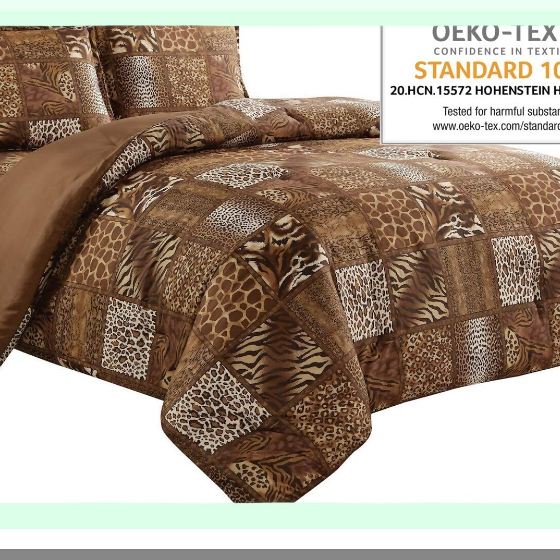 Wild Safari Jungle Queen Comforter Set - 3 Piece Animal Print Bedding with Pillow Sham - Chocolate Brown Leopard Zebra Giraffe Forest Theme