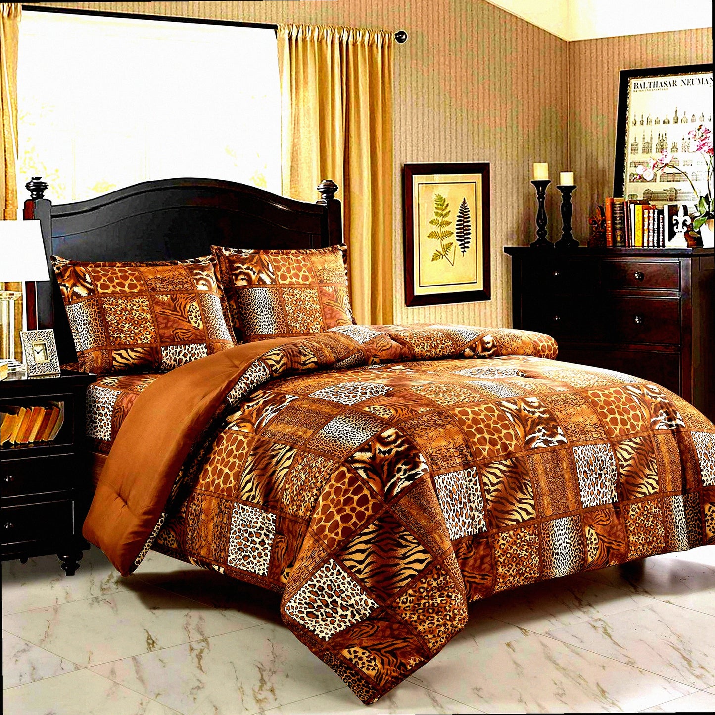 Wild Safari Jungle Queen Comforter Set - 3 Piece Animal Print Bedding with Pillow Sham - Chocolate Brown Leopard Zebra Giraffe Forest Theme