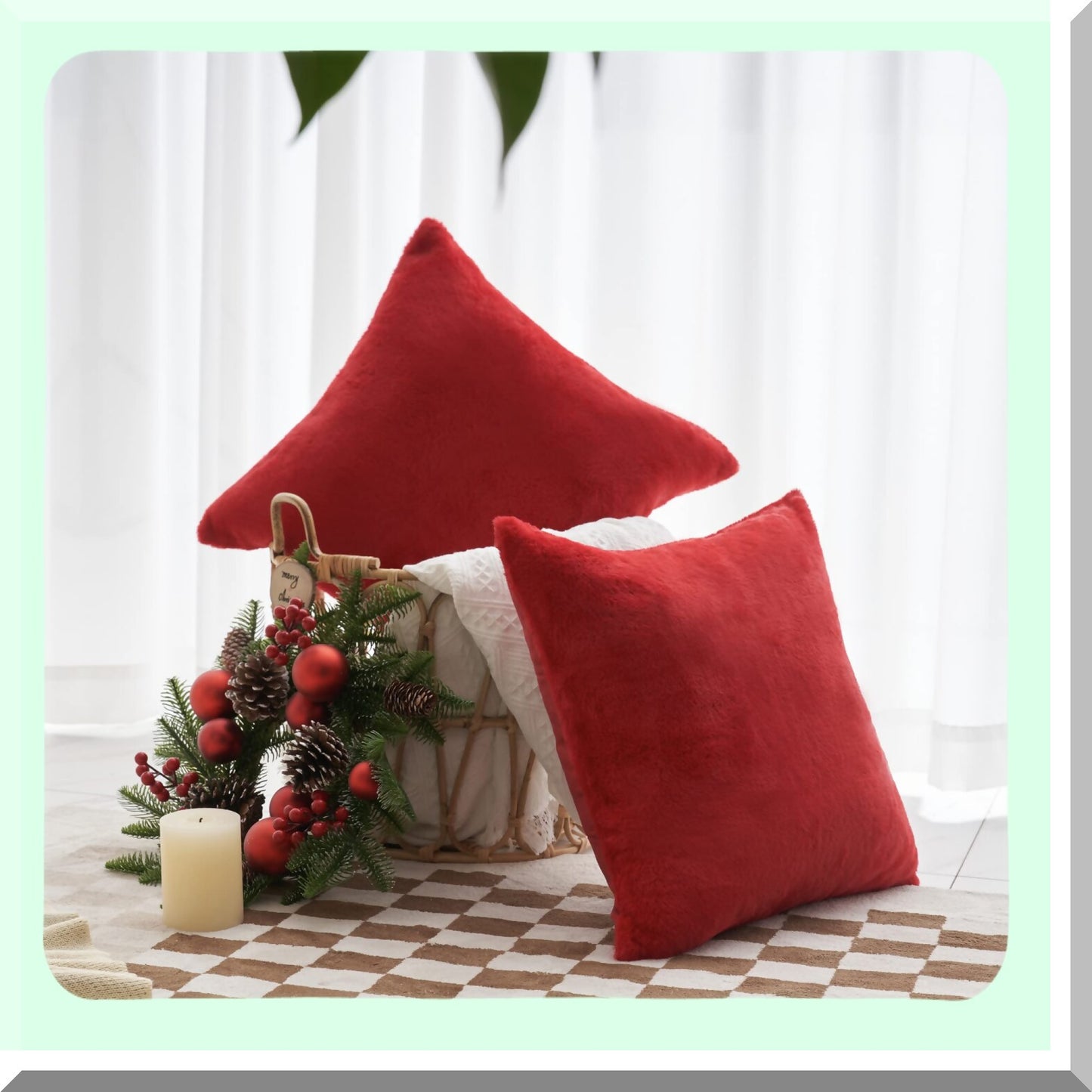 Fluffy Red New Year Decor Pillow Set - Soft Square Euro Shams for Couch & Bedroom - 26x26 Inch Accent Throw Pillows - Set of 2