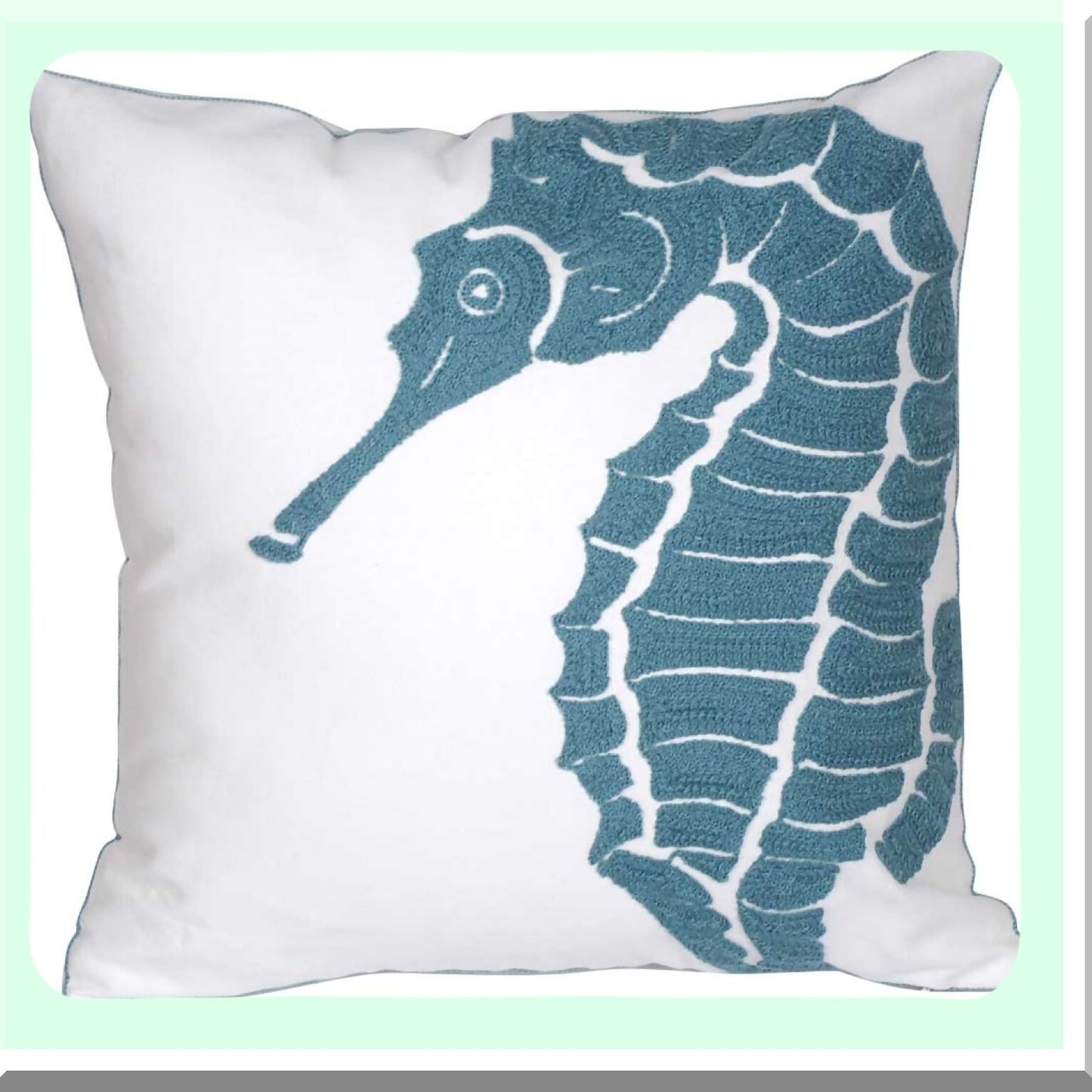 Nautical Embroidered Seafoam Pillow Cover - Coastal Decorative Canvas Cushion Case for Beach House Style - Seagreen Seahorse Design - 18 Inch Square