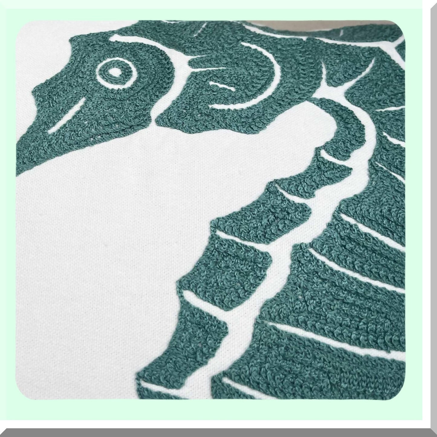 Nautical Embroidered Seafoam Pillow Cover - Coastal Decorative Canvas Cushion Case for Beach House Style - Seagreen Seahorse Design - 18 Inch Square