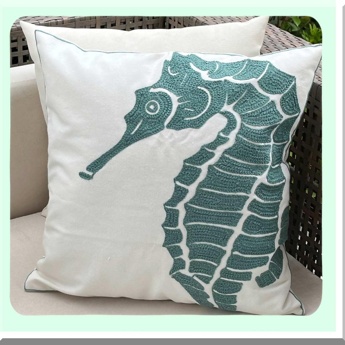 Nautical Embroidered Seafoam Pillow Cover - Coastal Decorative Canvas Cushion Case for Beach House Style - Seagreen Seahorse Design - 18 Inch Square
