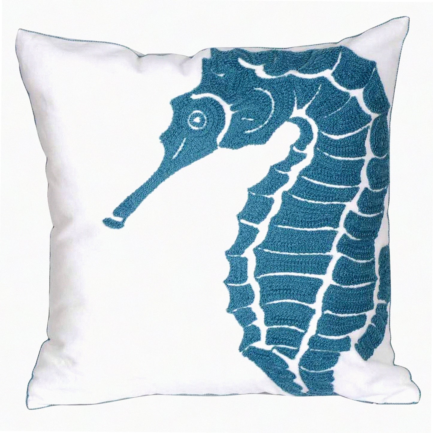 Nautical Embroidered Seafoam Pillow Cover - Coastal Decorative Canvas Cushion Case for Beach House Style - Seagreen Seahorse Design - 18 Inch Square