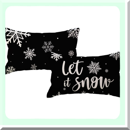 Winter Wonderland Snowflake Lumbar Pillow Covers - Set of 2 | Farmhouse Holiday Decorative Cushion Covers for Sofa, Couch, Porch | Let It Snow Black Throw Pillow Cover 12x20