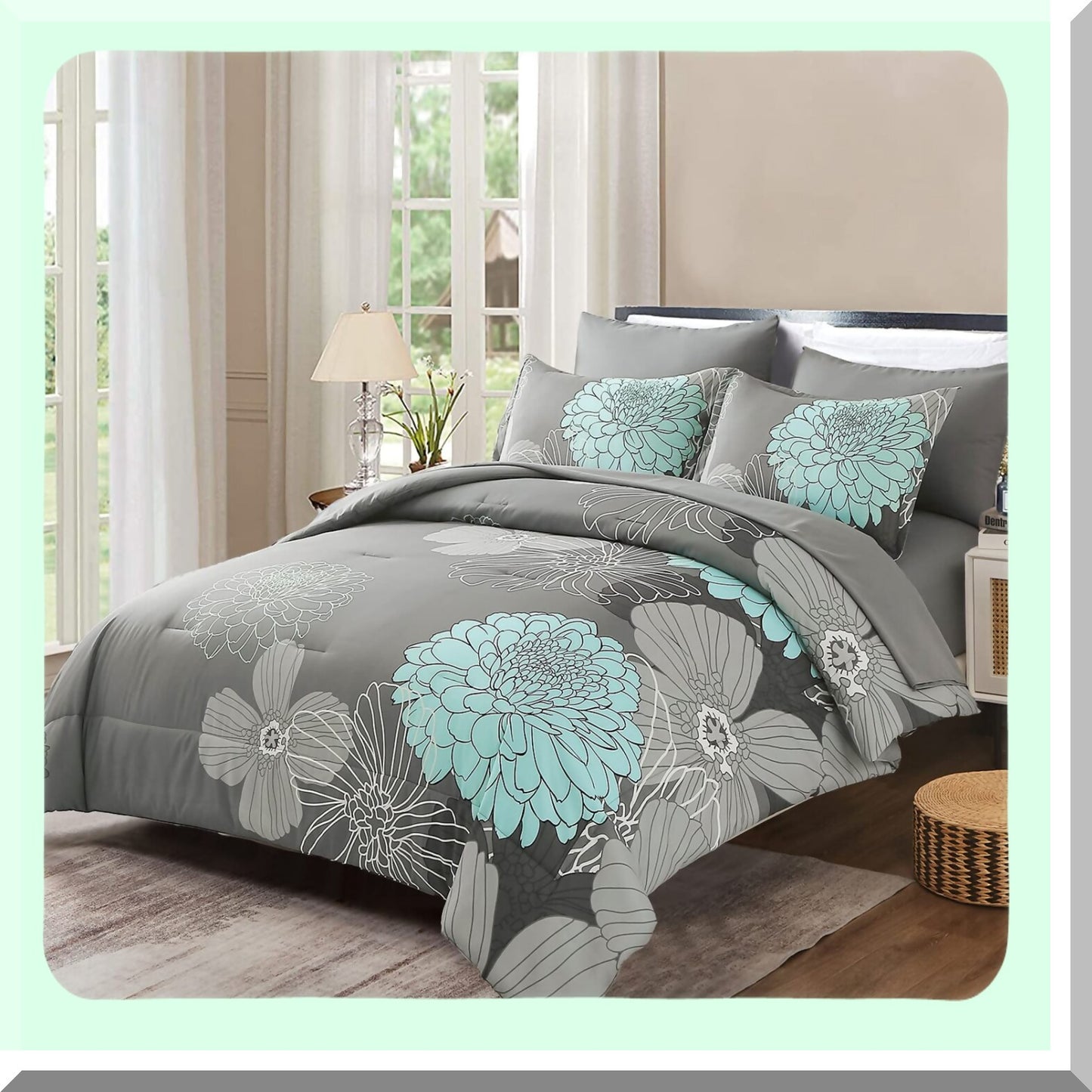 Floral Bliss 7-Piece Queen Comforter Set - Soft Microfiber Bedding Bundle with Comforter, Sheets, Pillowshams, and Pillowcases - Flowers Bed in a Bag