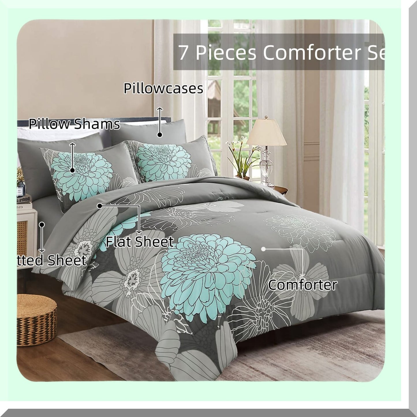 Floral Bliss 7-Piece Queen Comforter Set - Soft Microfiber Bedding Bundle with Comforter, Sheets, Pillowshams, and Pillowcases - Flowers Bed in a Bag