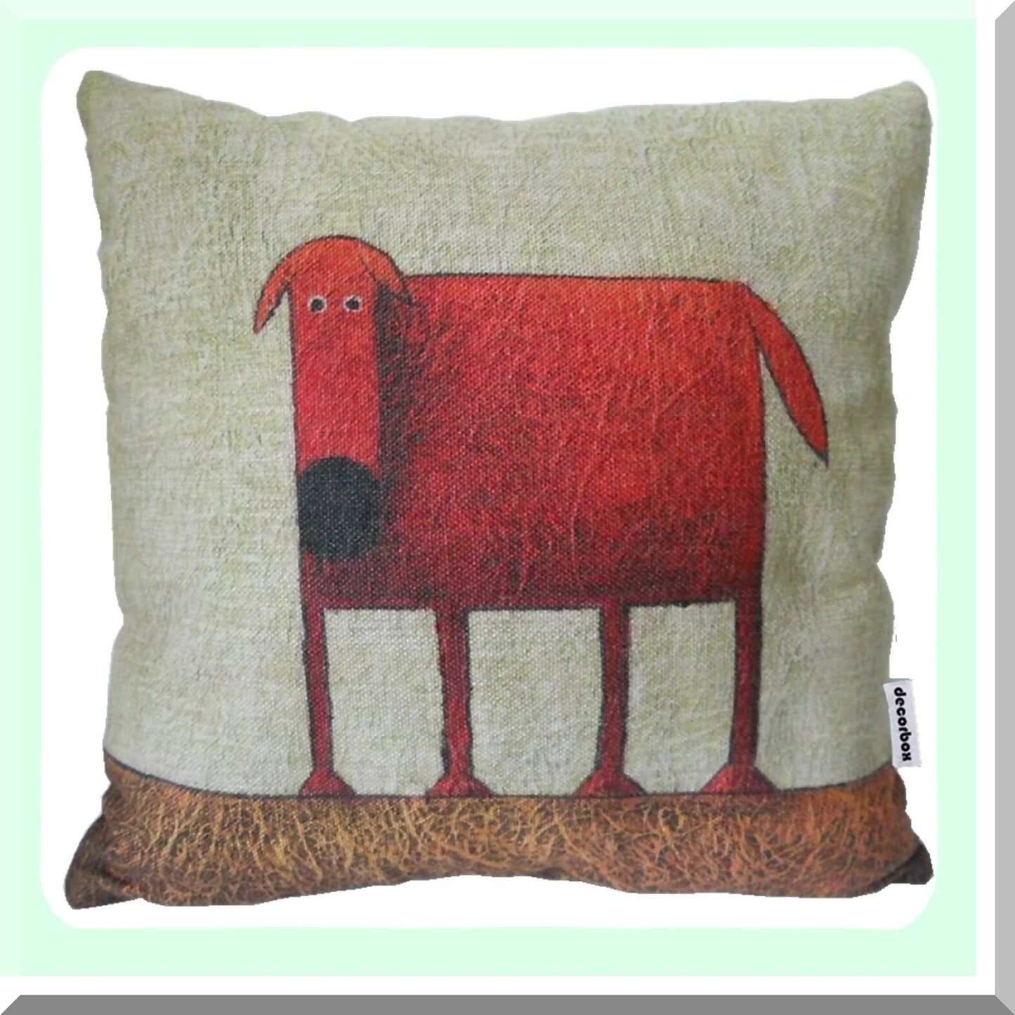 Green Doggie Linen Pillow Cover - Square Decorative Throw Cushion Case for 18x18 Inch Pillows with Red Dog Design on Cotton Background