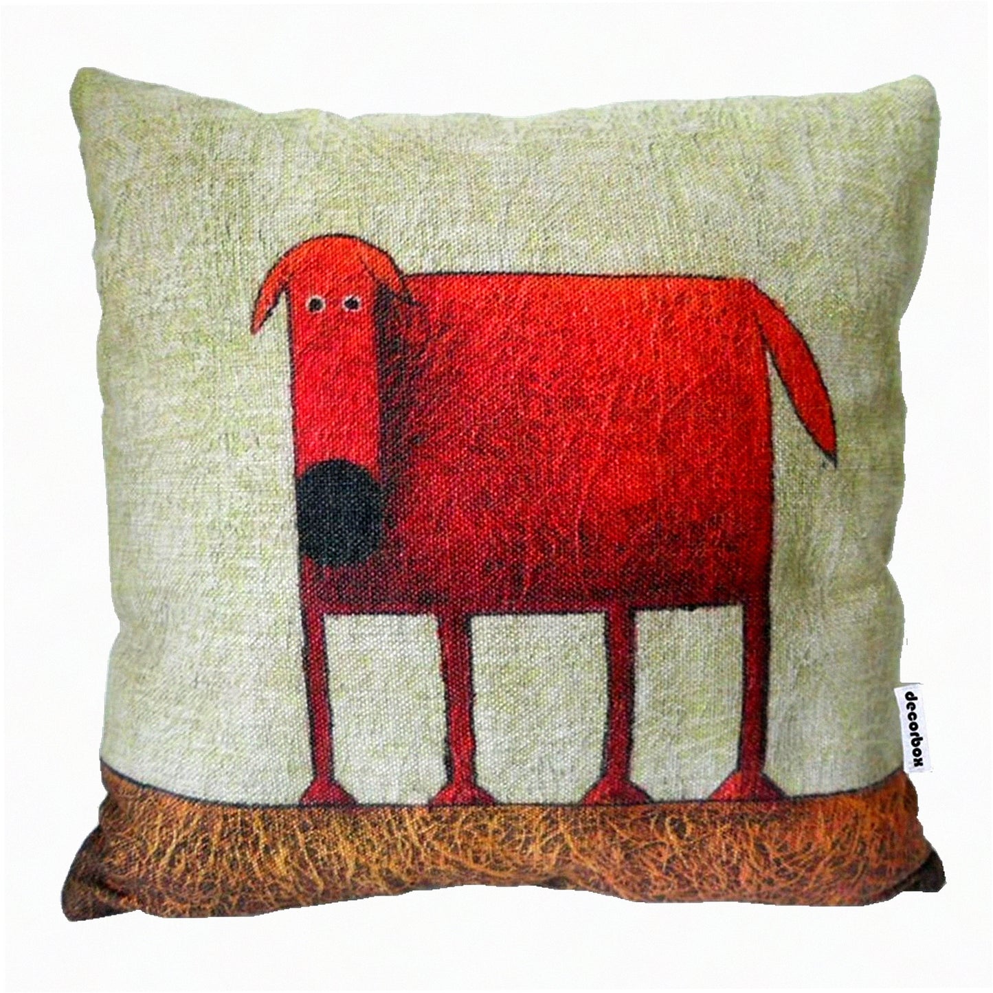 Green Doggie Linen Pillow Cover - Square Decorative Throw Cushion Case for 18x18 Inch Pillows with Red Dog Design on Cotton Background