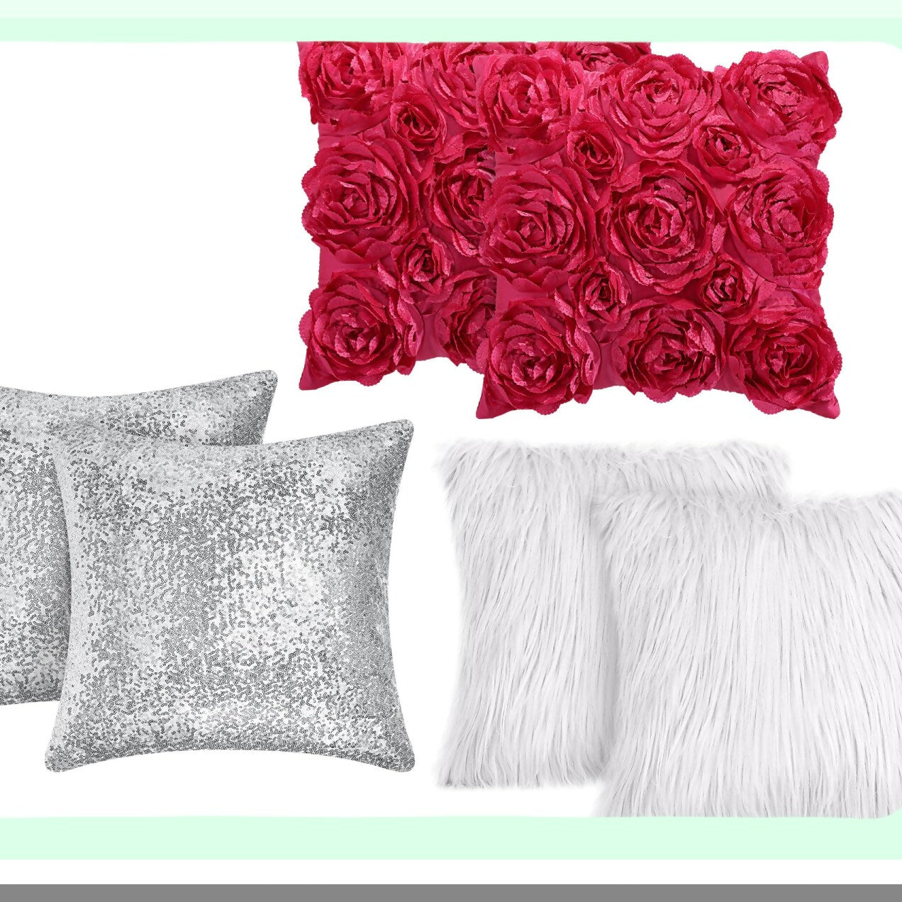 Rose Bloom 3D Pillow Covers - Set of 6 | Decorative Throw Pillows for Bed & Sofa | Soft Square Cushion Covers | 16x16 Inch | Hot Pink, White, Silver