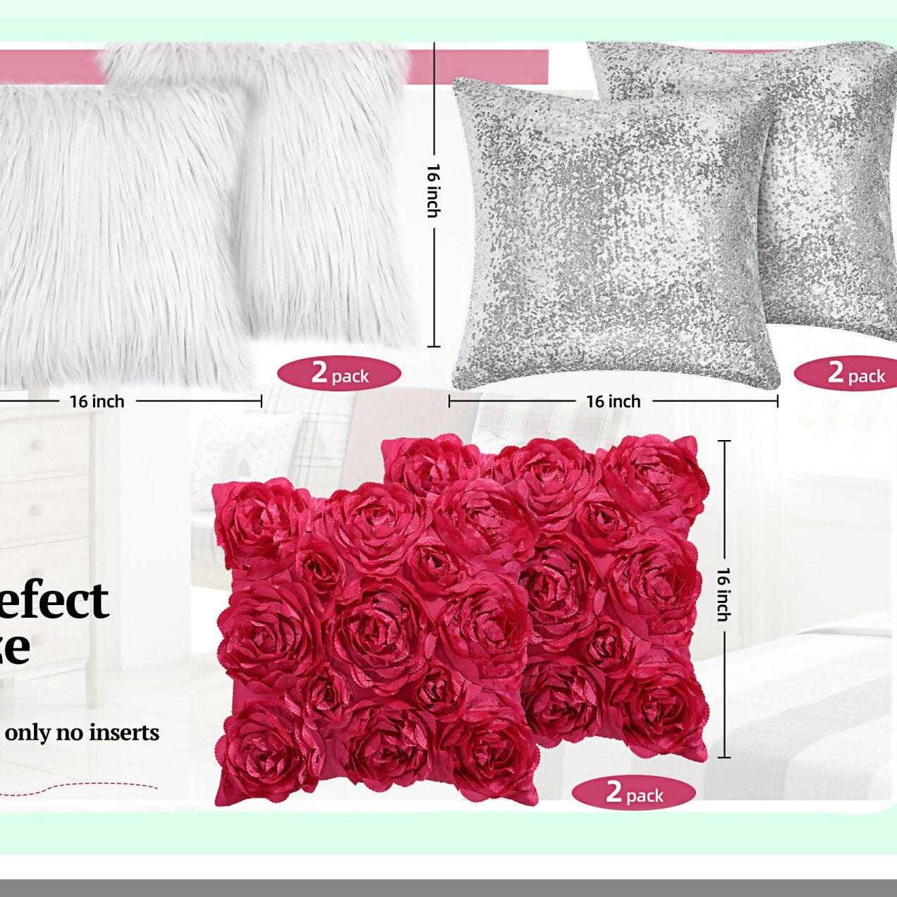 Rose Bloom 3D Pillow Covers - Set of 6 | Decorative Throw Pillows for Bed & Sofa | Soft Square Cushion Covers | 16x16 Inch | Hot Pink, White, Silver