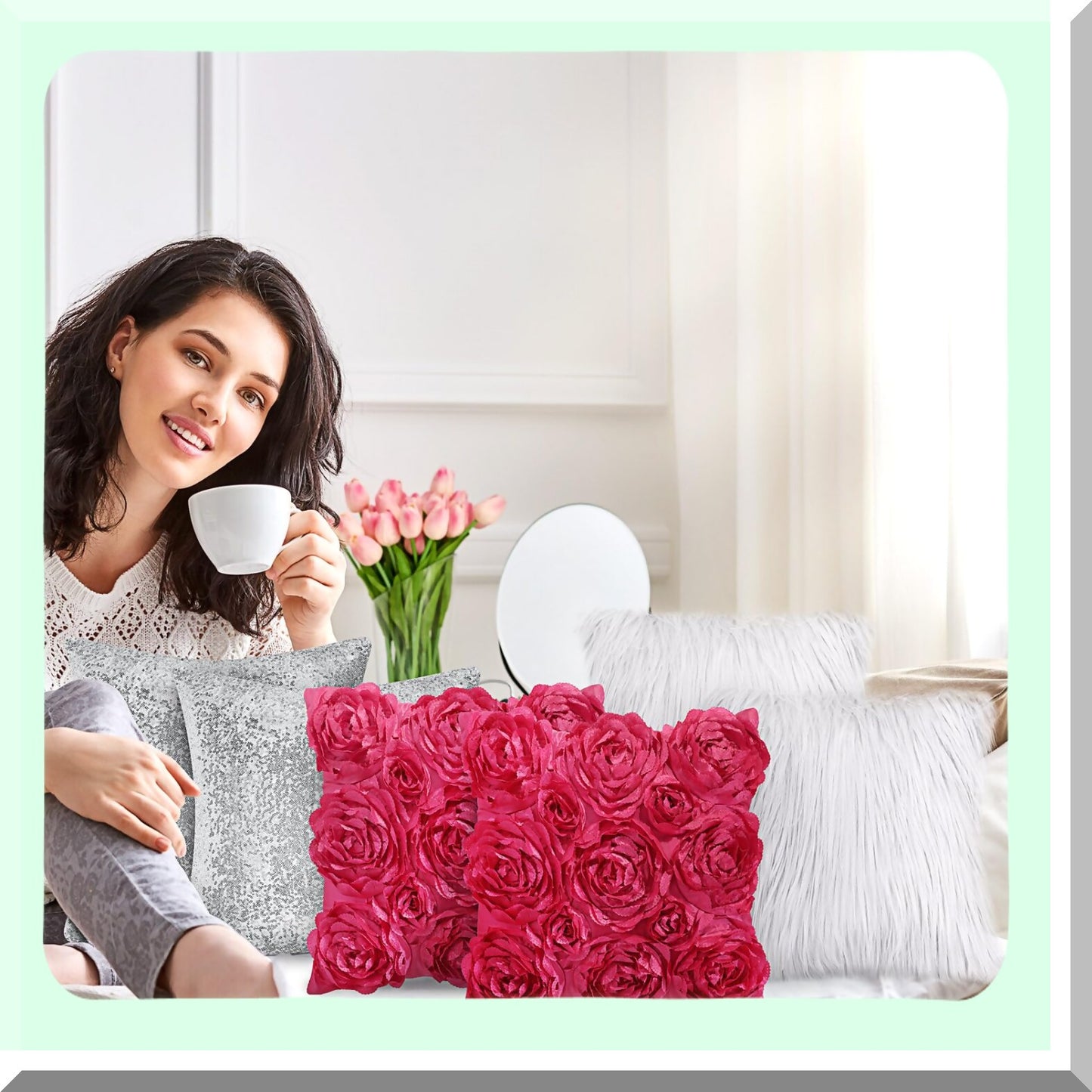 Rose Bloom 3D Pillow Covers - Set of 6 | Decorative Throw Pillows for Bed & Sofa | Soft Square Cushion Covers | 16x16 Inch | Hot Pink, White, Silver