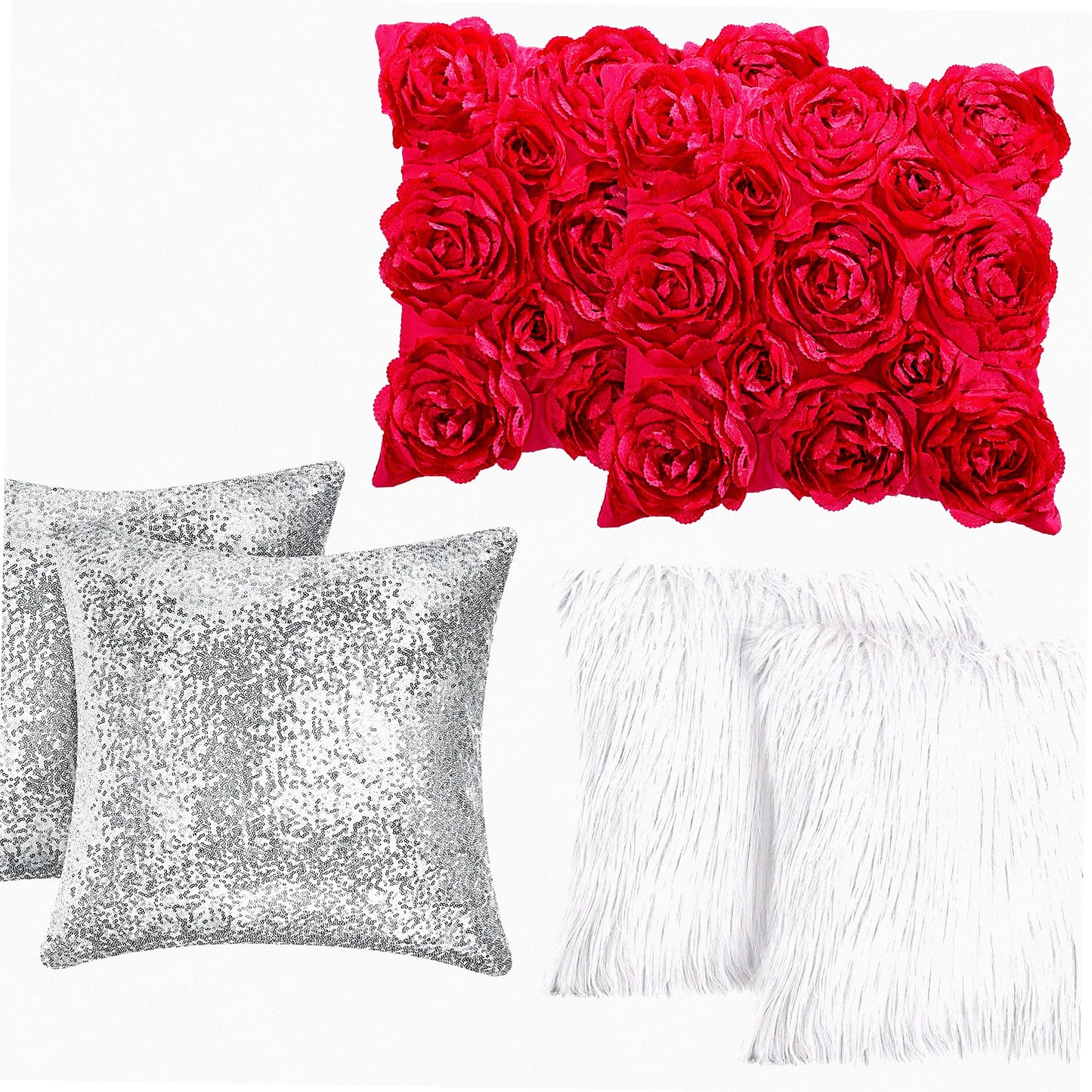 Rose Bloom 3D Pillow Covers - Set of 6 | Decorative Throw Pillows for Bed & Sofa | Soft Square Cushion Covers | 16x16 Inch | Hot Pink, White, Silver