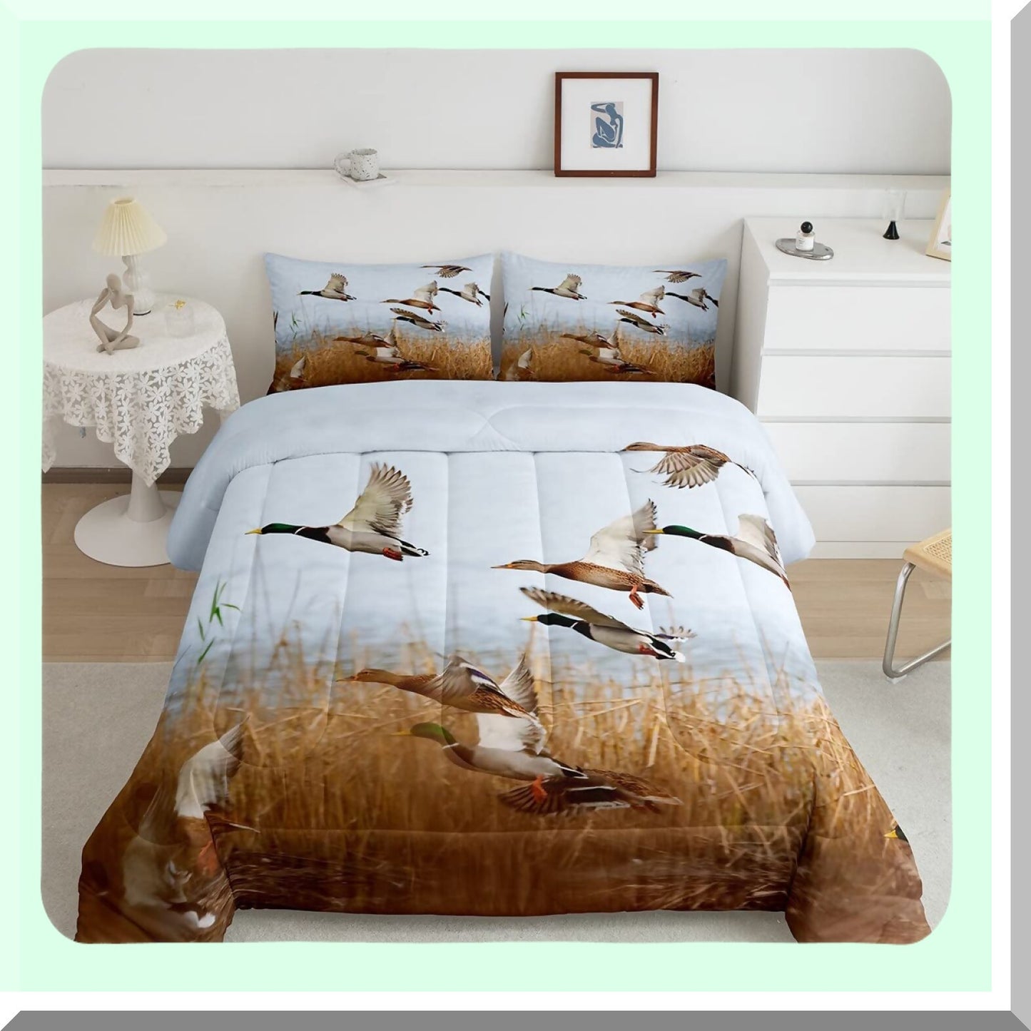 Rustic Duck Lodge Comforter Set - Full Size Wildlife Quilt with 2 Pillowcases for Men Women Adults. Farmhouse Style Bedding for Cabin Decor.
