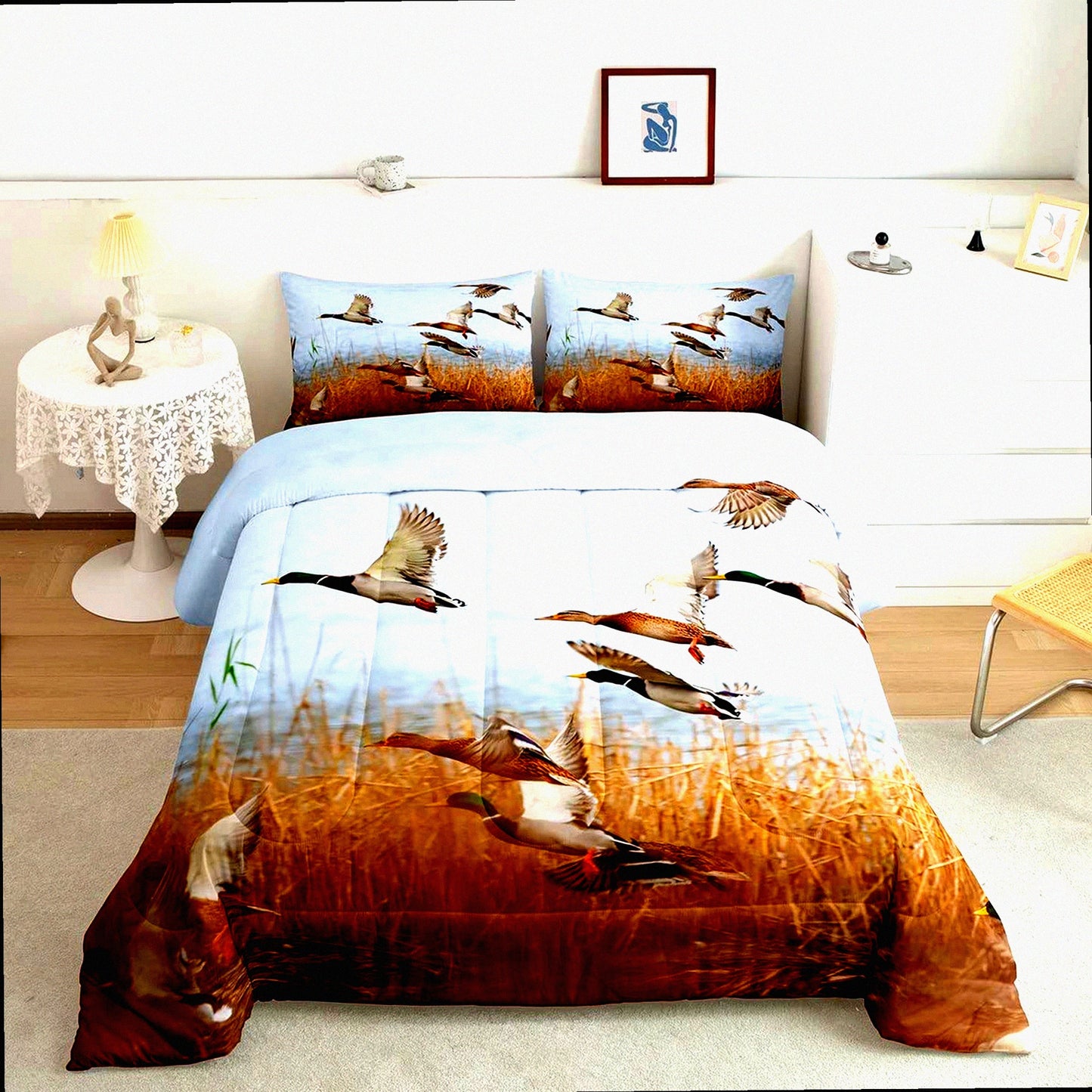 Rustic Duck Lodge Comforter Set - Full Size Wildlife Quilt with 2 Pillowcases for Men Women Adults. Farmhouse Style Bedding for Cabin Decor.