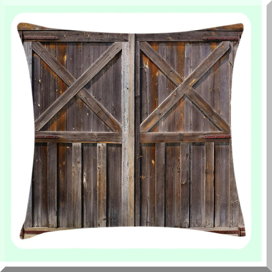 Countryside Charm Rustic Barn Door Pillow Cover - Farmhouse Oak Village Life Print - Decorative Square Cushion Case - 18" X 18" Brown Taupe Accent