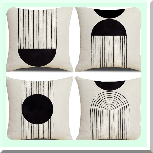 Sunburst Boho Pillow Covers Set - Mid Century Modern Decorative Cushion Cover 18x18 - Black and White Cotton Linen Throw Pillow with Zipper - Pack of 4