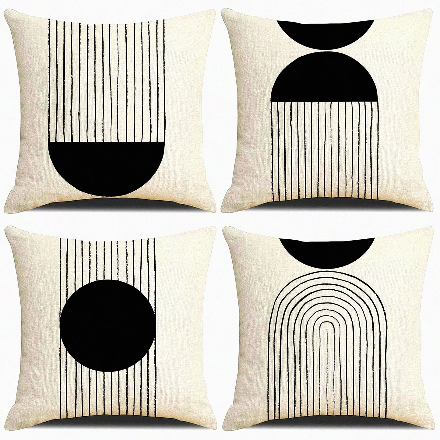 Sunburst Boho Pillow Covers Set - Mid Century Modern Decorative Cushion Cover 18x18 - Black and White Cotton Linen Throw Pillow with Zipper - Pack of 4