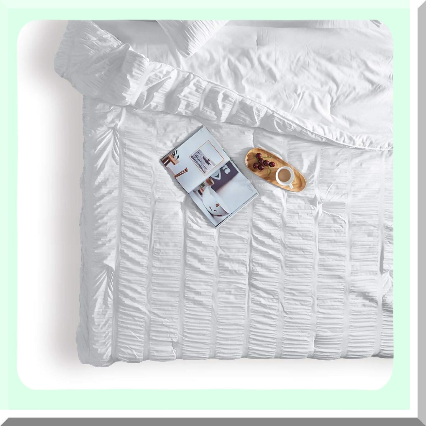 CoolLux Seersucker Comforter Set - 3-Piece Lightweight Bedding with Pillow Sham. Soft Down Alternative, Size Comforter for Summer. White, Luxury Cooling.