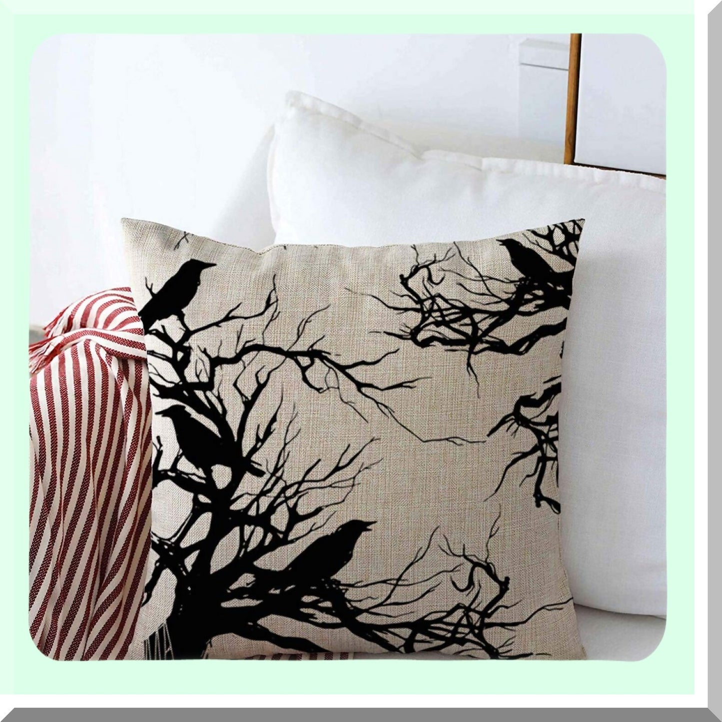 Monochrome Wildlife Crow Cushion Cover - Tree Ink Animals Raven Darkness Branch Throw Pillow Case 16x16 Inches for Fall Home Decor - Cotton Linen