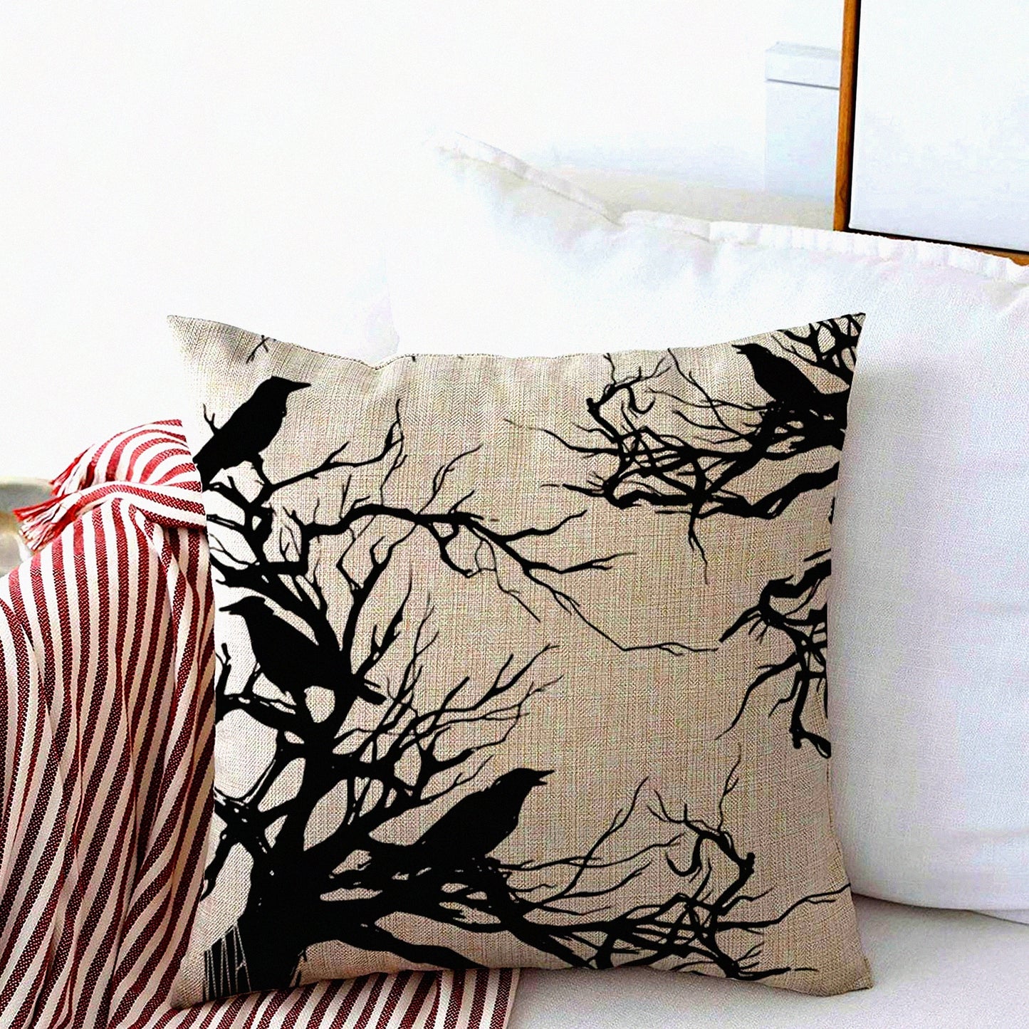 Monochrome Wildlife Crow Cushion Cover - Tree Ink Animals Raven Darkness Branch Throw Pillow Case 16x16 Inches for Fall Home Decor - Cotton Linen