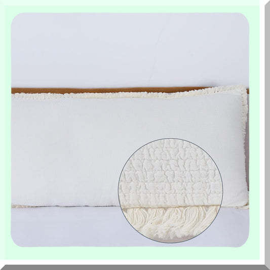 Ivory Cotton Quilted Body Pillowcase - Boho Textured Fringed Sham Cover 20x54 with Long Zipper for Full Body Pillow - Cream Off White Decor