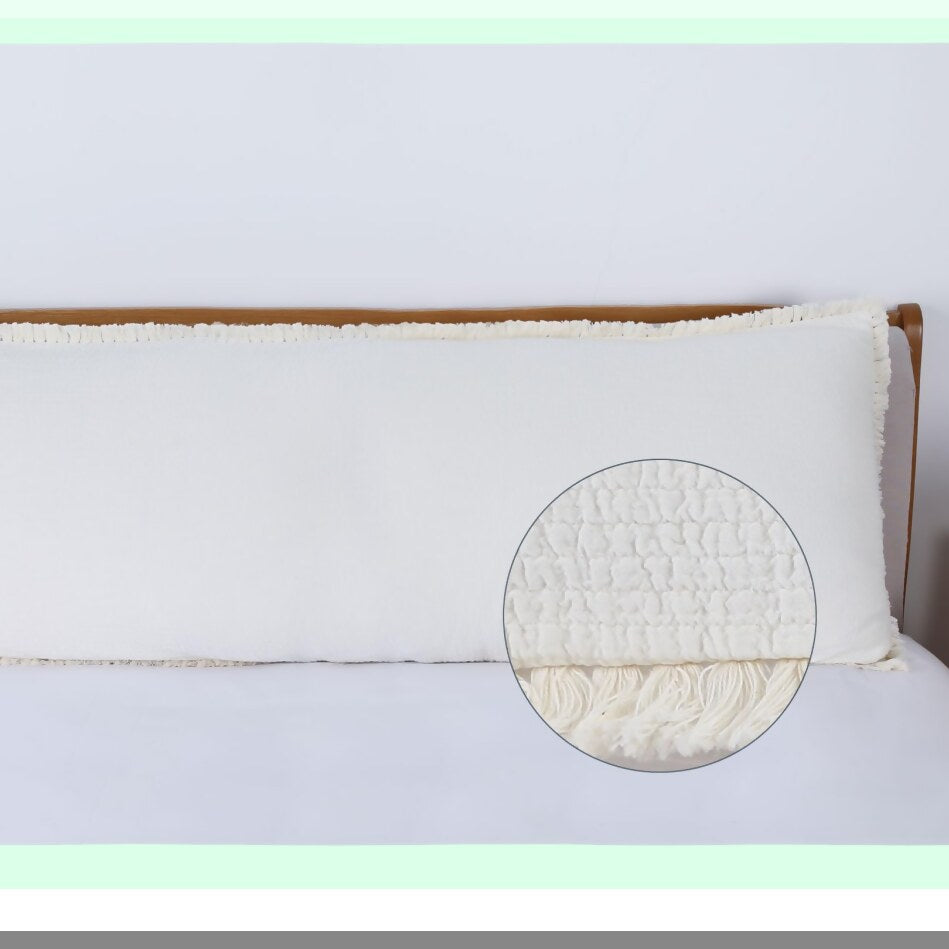 Ivory Cotton Quilted Body Pillowcase - Boho Textured Fringed Sham Cover 20x54 with Long Zipper for Full Body Pillow - Cream Off White Decor