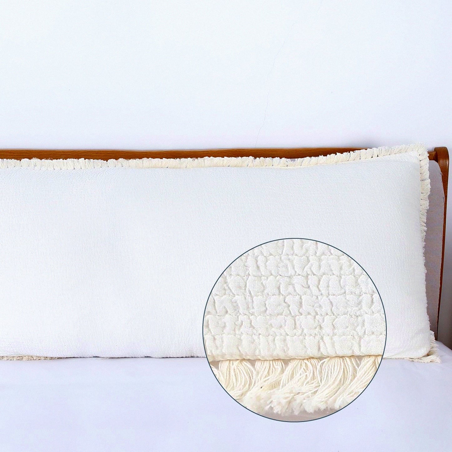 Ivory Cotton Quilted Body Pillowcase - Boho Textured Fringed Sham Cover 20x54 with Long Zipper for Full Body Pillow - Cream Off White Decor