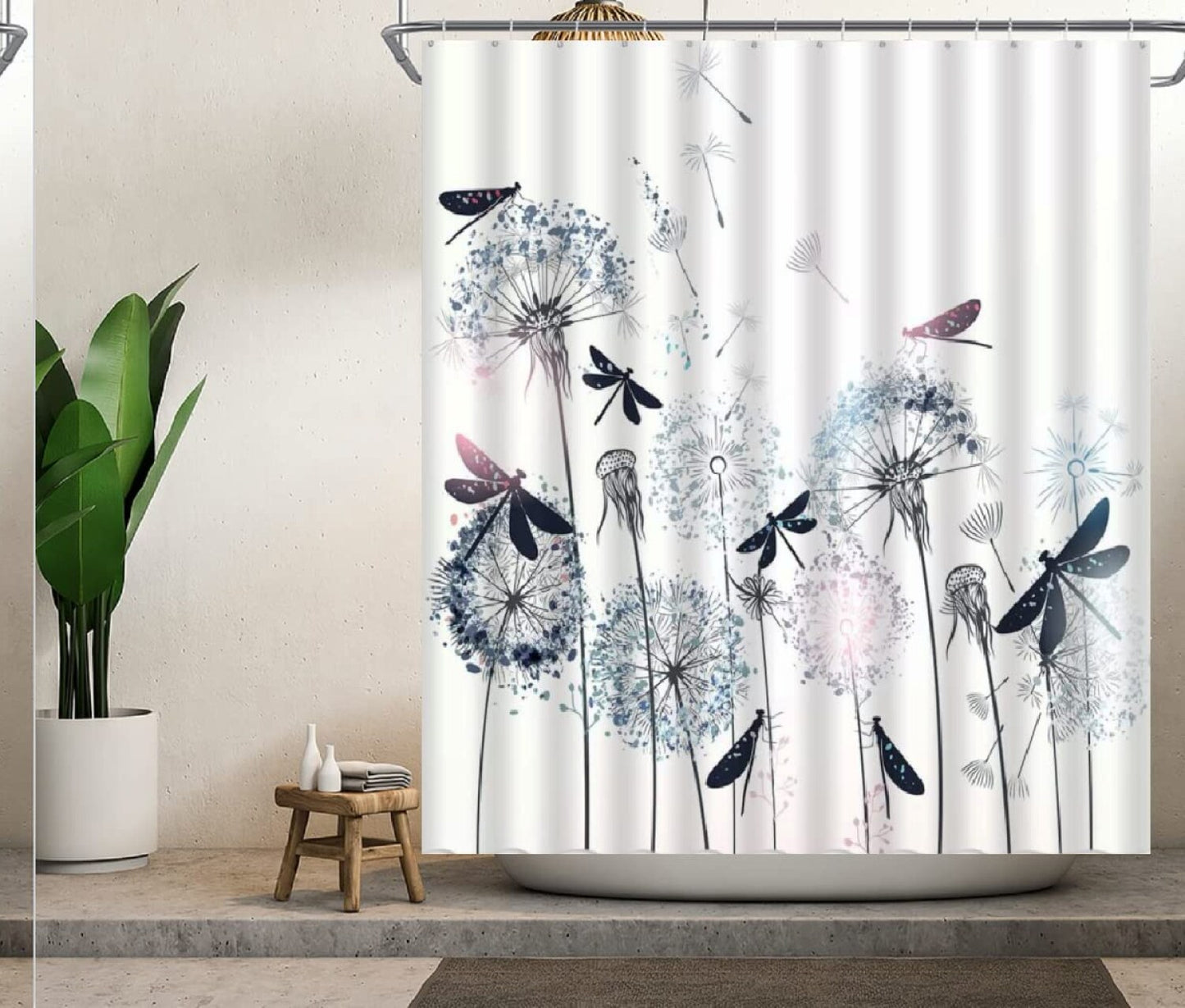Dandelion Shower Curtain Blue Pink White 72x72