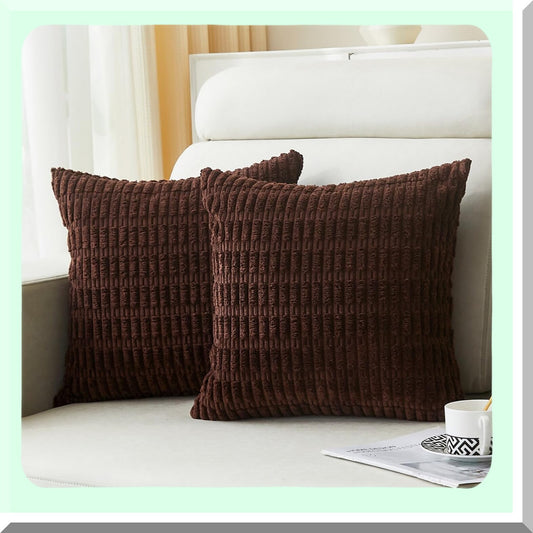 Dark Brown Corduroy Stripe Pillow Cover Set - 18x18 Inch Boho Cushion Cases for Couch, Sofa, Bed - Farmhouse Decorative Home Accent - Soft Square Throw Pillow Covers (2 Packs)
