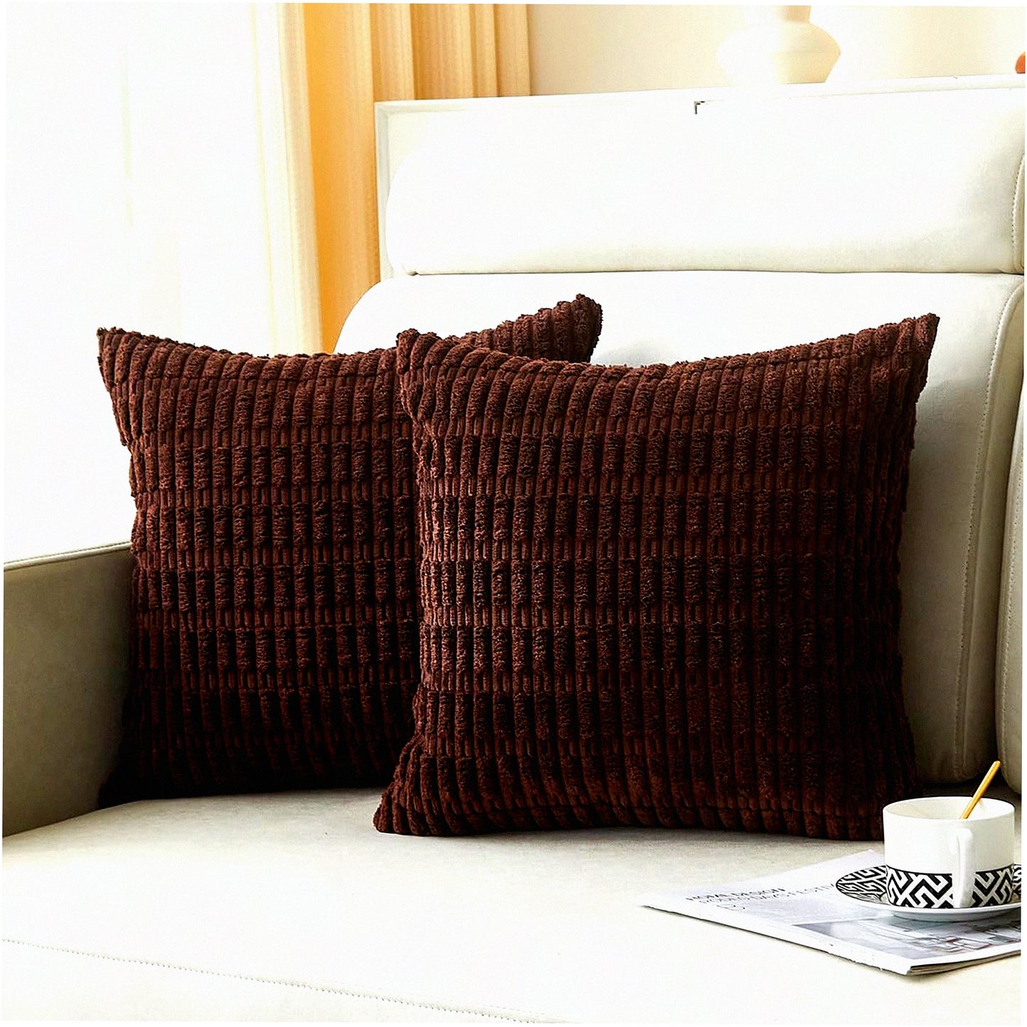Dark Brown Corduroy Stripe Pillow Cover Set - 18x18 Inch Boho Cushion Cases for Couch, Sofa, Bed - Farmhouse Decorative Home Accent - Soft Square Throw Pillow Covers (2 Packs)