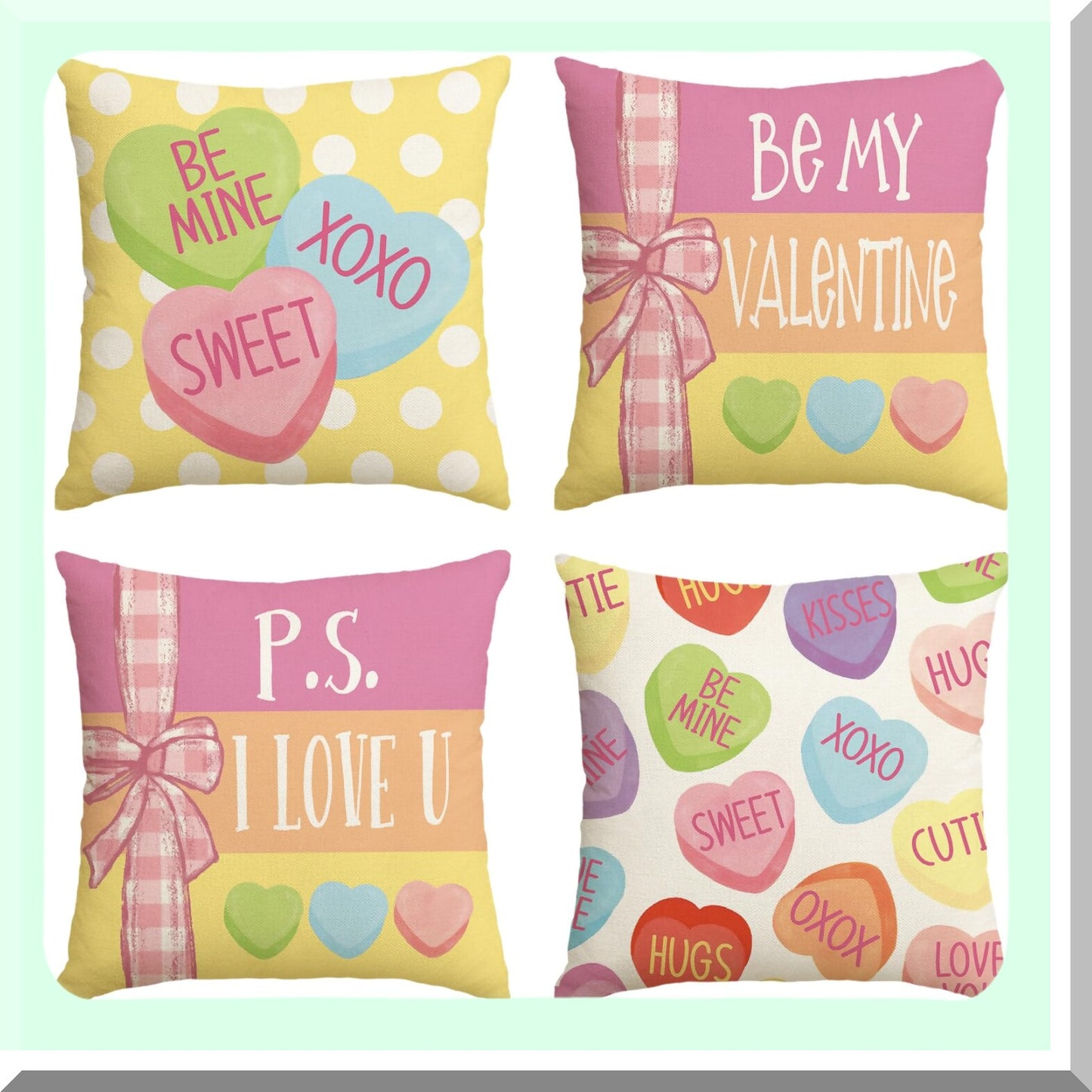 Multi Candy Heart Stripes Throw Pillow Covers - Set of 4, 18x18 Inch Wedding Cushion Case for Sofa Couch Decoration - Be My Sweetheart Collection