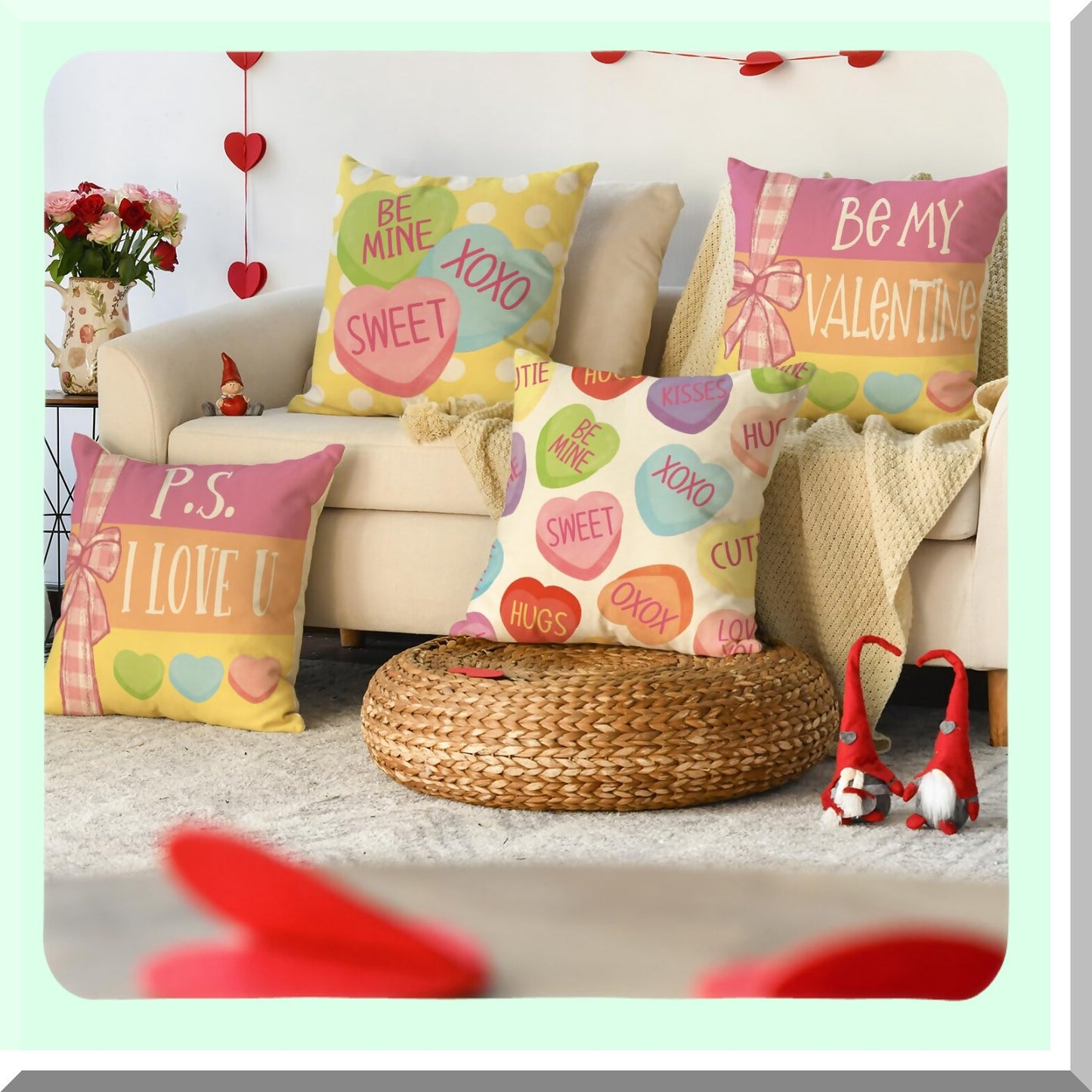 Multi Candy Heart Stripes Throw Pillow Covers - Set of 4, 18x18 Inch Wedding Cushion Case for Sofa Couch Decoration - Be My Sweetheart Collection
