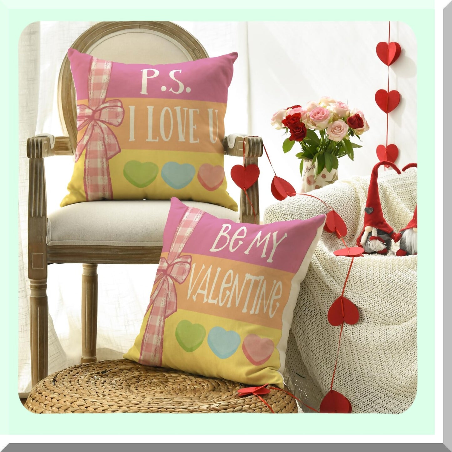Multi Candy Heart Stripes Throw Pillow Covers - Set of 4, 18x18 Inch Wedding Cushion Case for Sofa Couch Decoration - Be My Sweetheart Collection