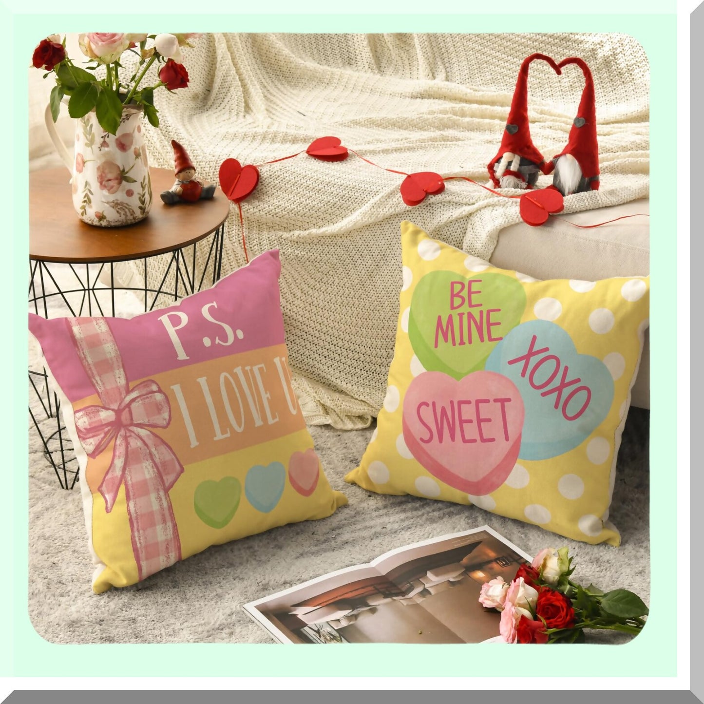 Multi Candy Heart Stripes Throw Pillow Covers - Set of 4, 18x18 Inch Wedding Cushion Case for Sofa Couch Decoration - Be My Sweetheart Collection