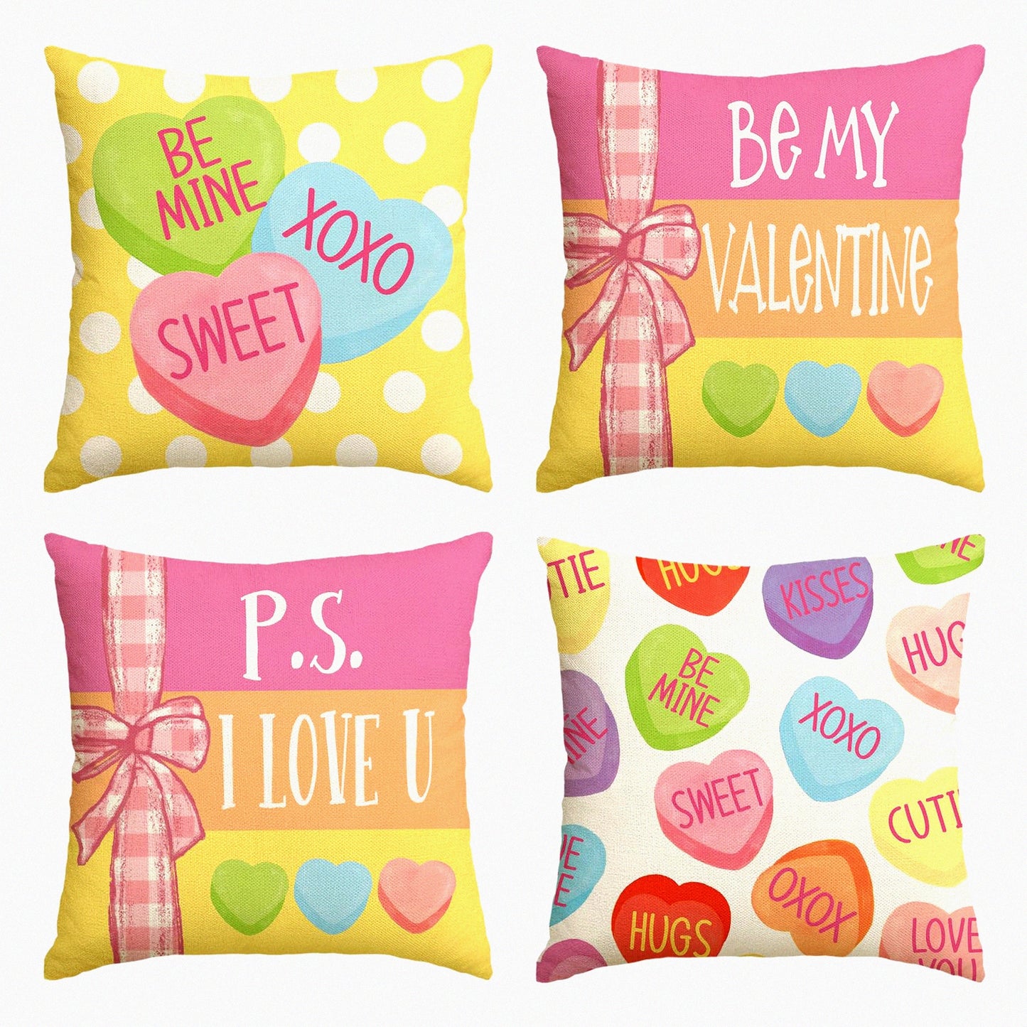 Multi Candy Heart Stripes Throw Pillow Covers - Set of 4, 18x18 Inch Wedding Cushion Case for Sofa Couch Decoration - Be My Sweetheart Collection