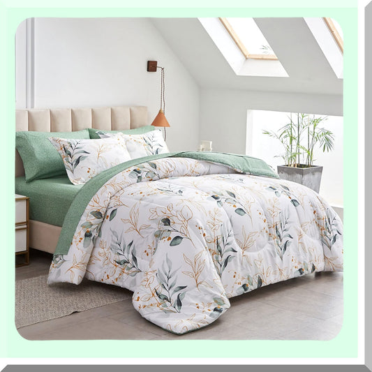 Green Botanical Bliss Bedding Set - 7 Piece Comforter Set with White Leaves Print - All Season Microfiber Bed in a Bag - 1 Comforter, 2 Shams, 1 Flat Sheet, 1 Fitted Sheet, 2 Pillowcases