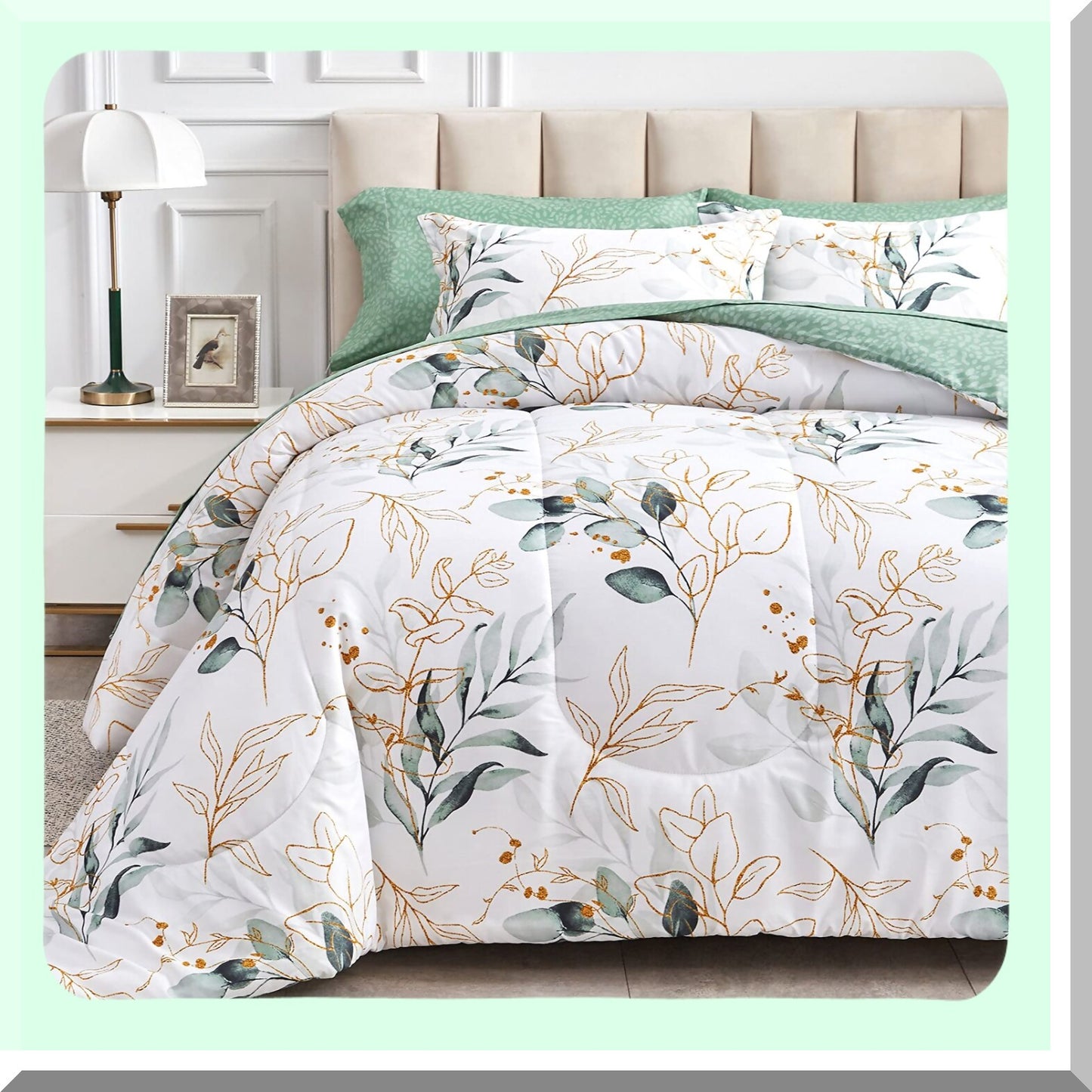 Green Botanical Bliss Bedding Set - 7 Piece Comforter Set with White Leaves Print - All Season Microfiber Bed in a Bag - 1 Comforter, 2 Shams, 1 Flat Sheet, 1 Fitted Sheet, 2 Pillowcases