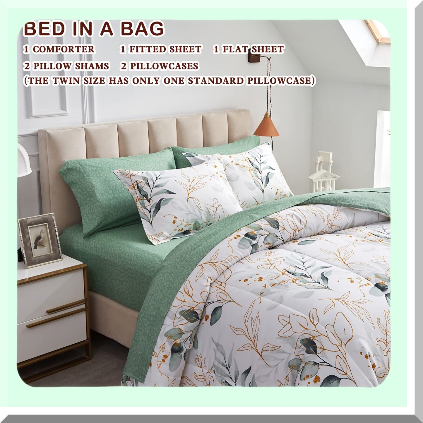 Green Botanical Bliss Bedding Set - 7 Piece Comforter Set with White Leaves Print - All Season Microfiber Bed in a Bag - 1 Comforter, 2 Shams, 1 Flat Sheet, 1 Fitted Sheet, 2 Pillowcases