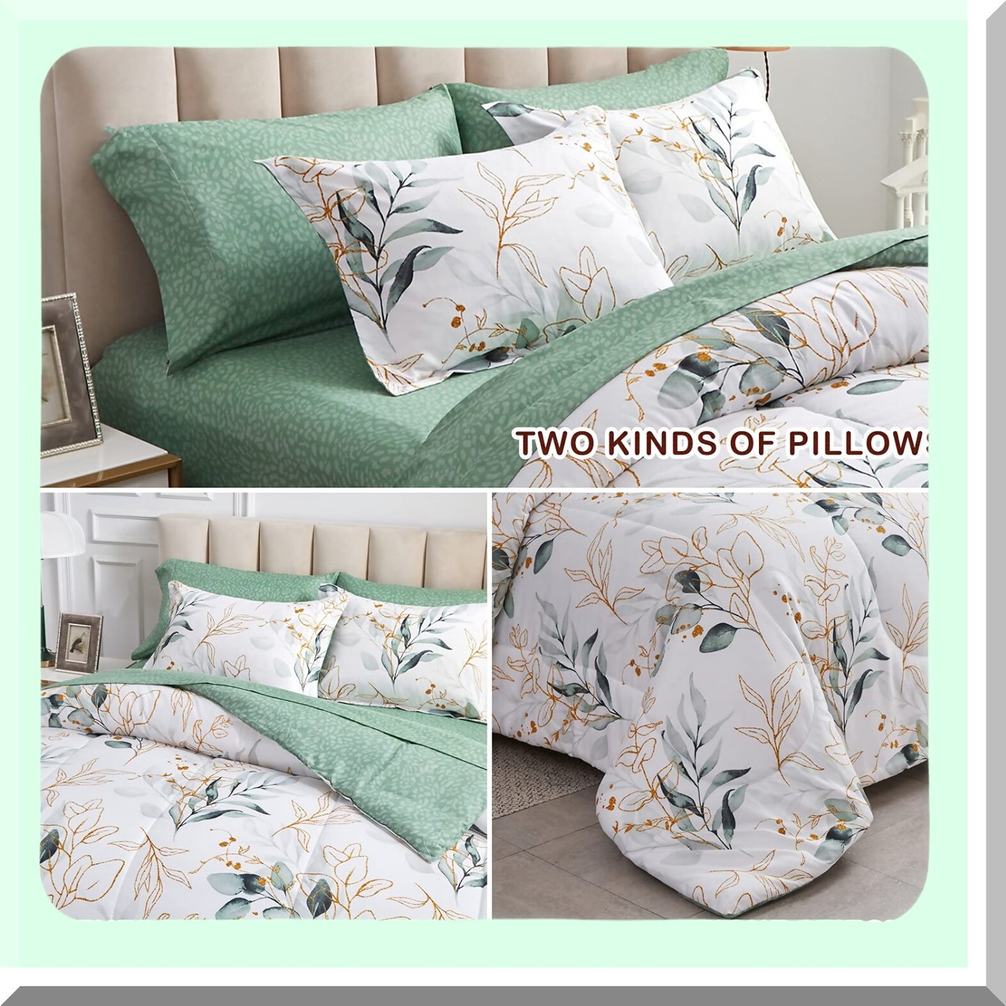 Green Botanical Bliss Bedding Set - 7 Piece Comforter Set with White Leaves Print - All Season Microfiber Bed in a Bag - 1 Comforter, 2 Shams, 1 Flat Sheet, 1 Fitted Sheet, 2 Pillowcases