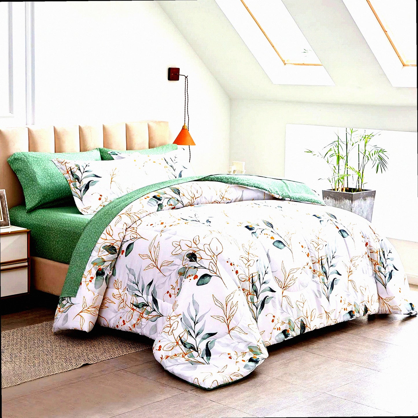 Green Botanical Bliss Bedding Set - 7 Piece Comforter Set with White Leaves Print - All Season Microfiber Bed in a Bag - 1 Comforter, 2 Shams, 1 Flat Sheet, 1 Fitted Sheet, 2 Pillowcases
