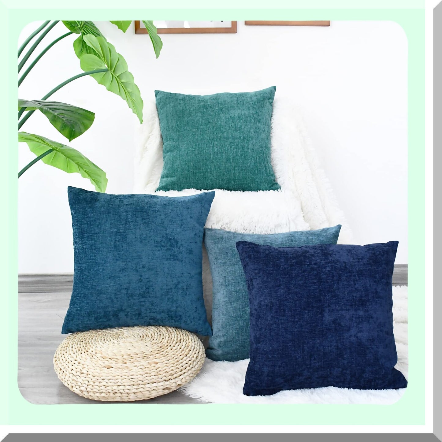 Chenille Cozy Cushion Covers - Set of 4 Modern Multi-Color Throw Pillow Cases for Couch Sofa Home Decor, 18 X 18 Inches Teal Navy Blue