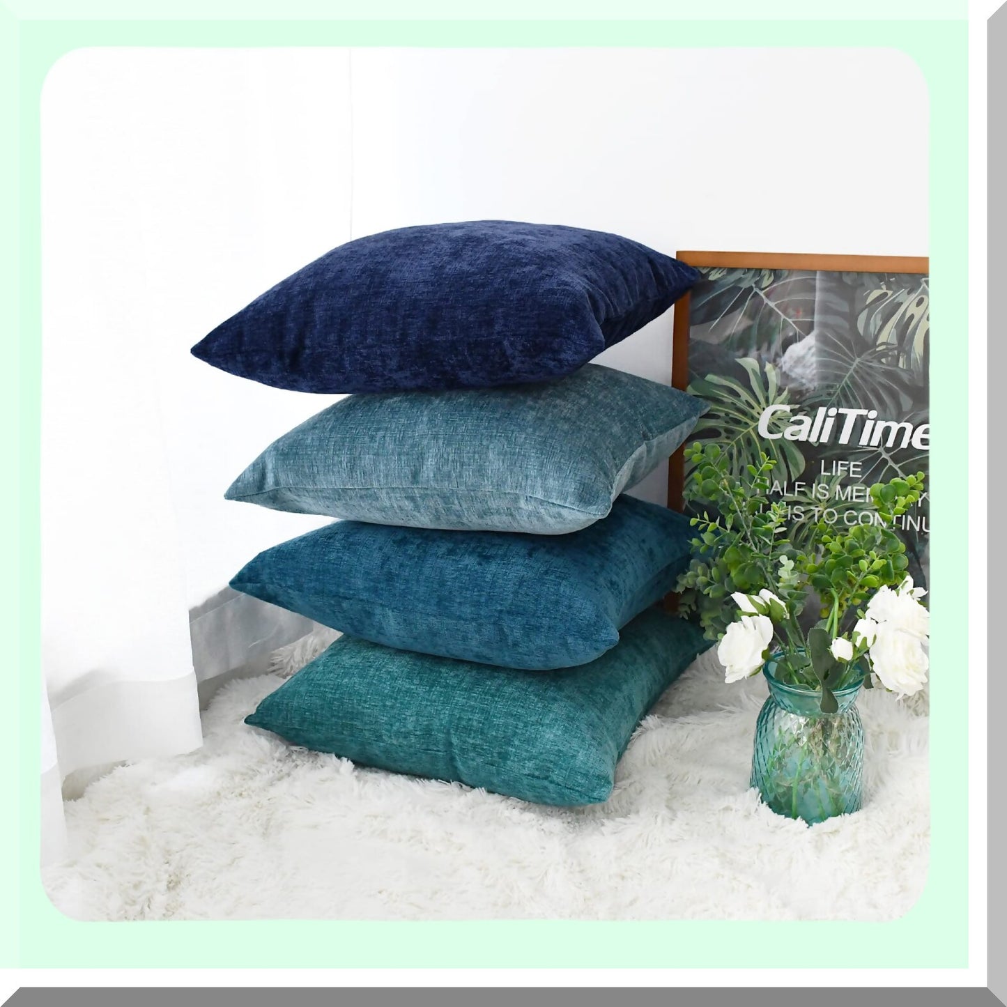 Chenille Cozy Cushion Covers - Set of 4 Modern Multi-Color Throw Pillow Cases for Couch Sofa Home Decor, 18 X 18 Inches Teal Navy Blue