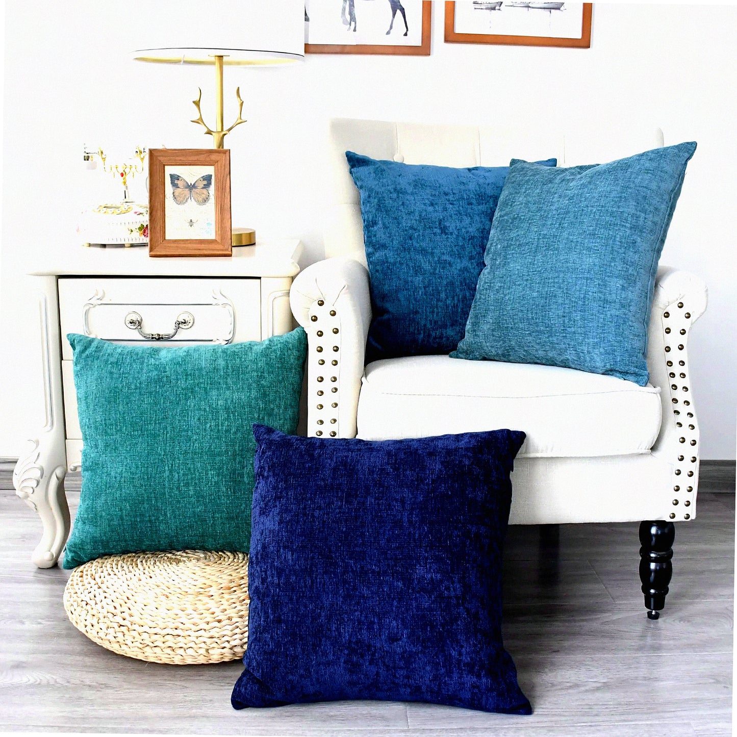Chenille Cozy Cushion Covers - Set of 4 Modern Multi-Color Throw Pillow Cases for Couch Sofa Home Decor, 18 X 18 Inches Teal Navy Blue