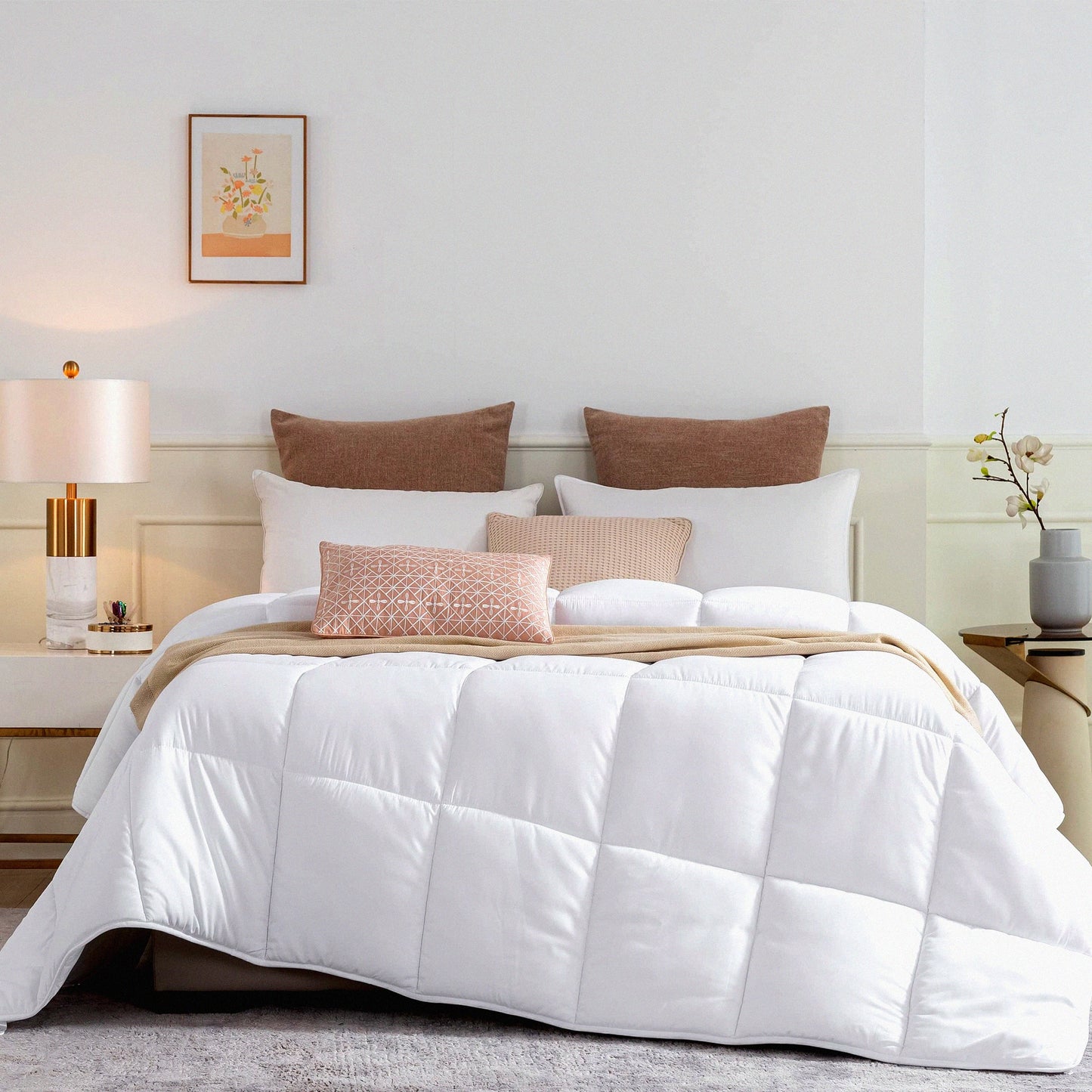 All Season Twin Size Quilted Comforter - Lightweight Down Alternative Duvet Insert with Brushed Microfiber Cover. Box-Stitch Design for Cozy Sleep.