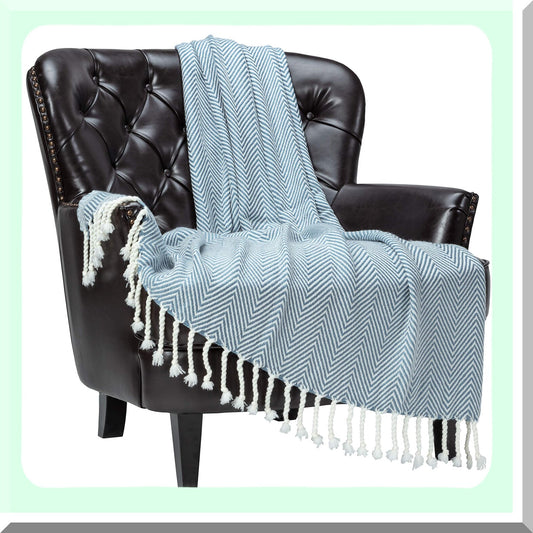 Chevron Comfort: Ultra-Soft Lightweight Acrylic Throw Blanket for Bed, Sofa, Chair - Cozy Blue and White 50x65 Inches