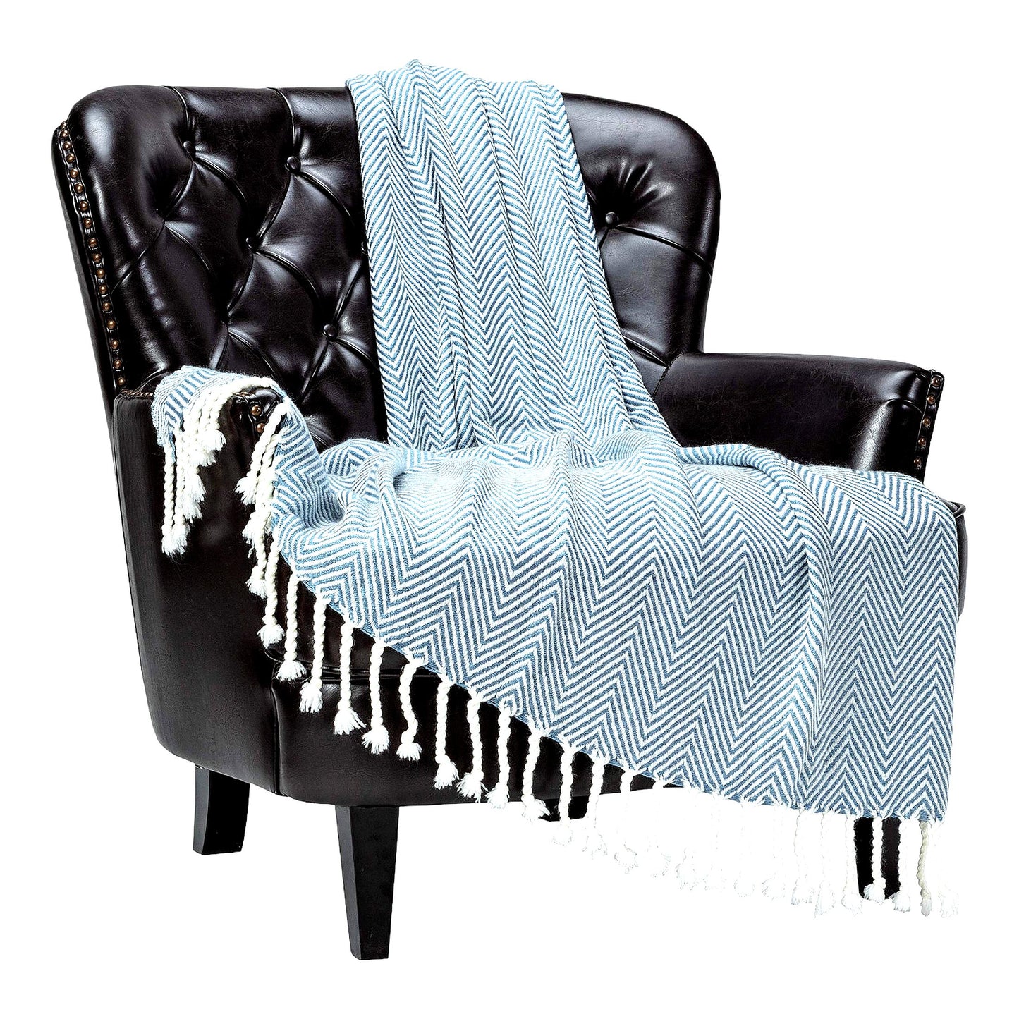 Chevron Comfort: Ultra-Soft Lightweight Acrylic Throw Blanket for Bed, Sofa, Chair - Cozy Blue and White 50x65 Inches